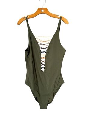 Bleu Rod Beattie Lace Down One Piece Swimsuit Olive Green 14